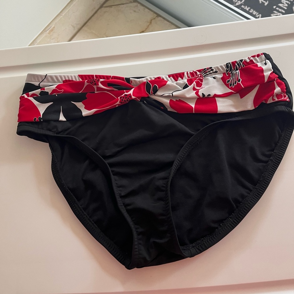Catalina bikini bottoms, black with bright red flower sash, size M.